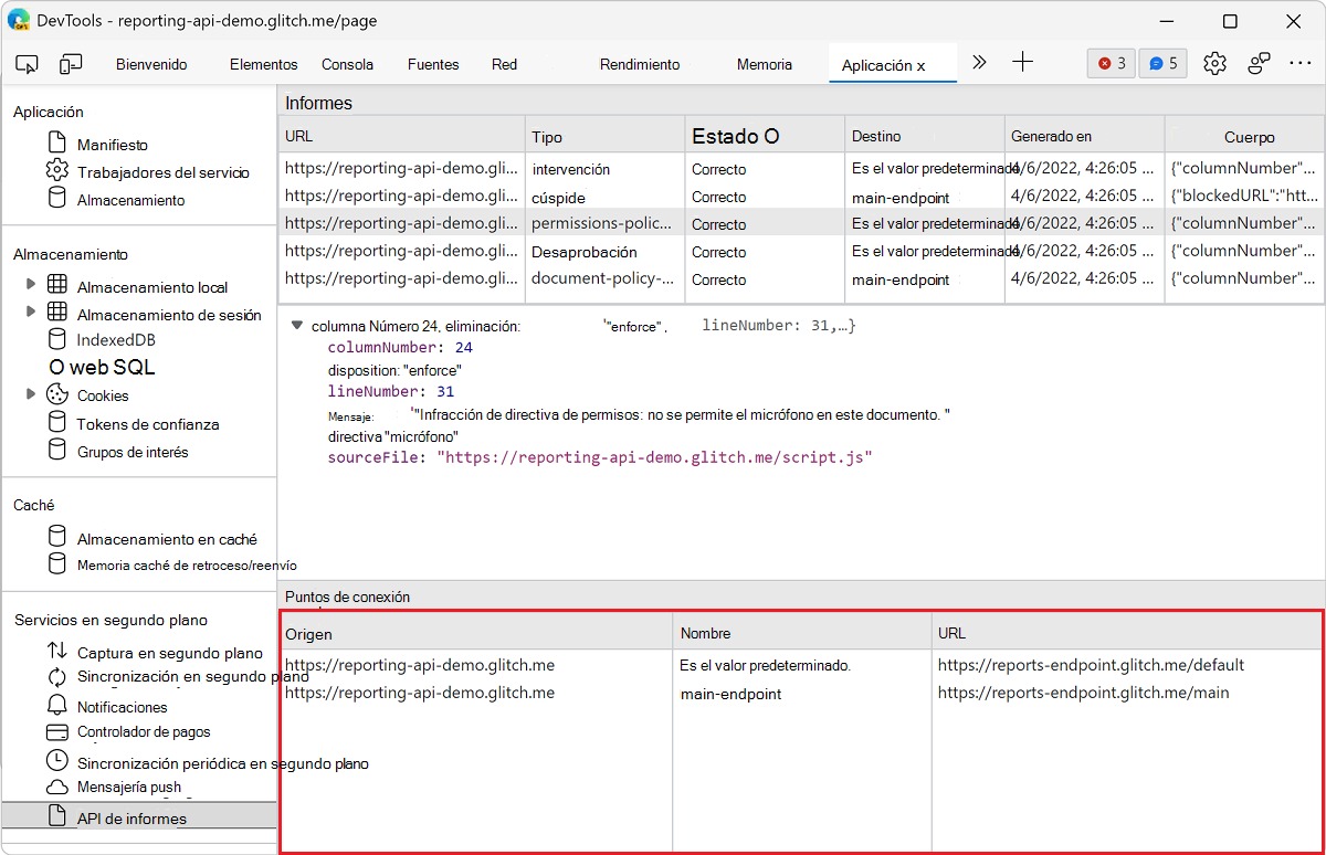 Ver la lista de puntos de conexión de informes en el panel De la API de informes
