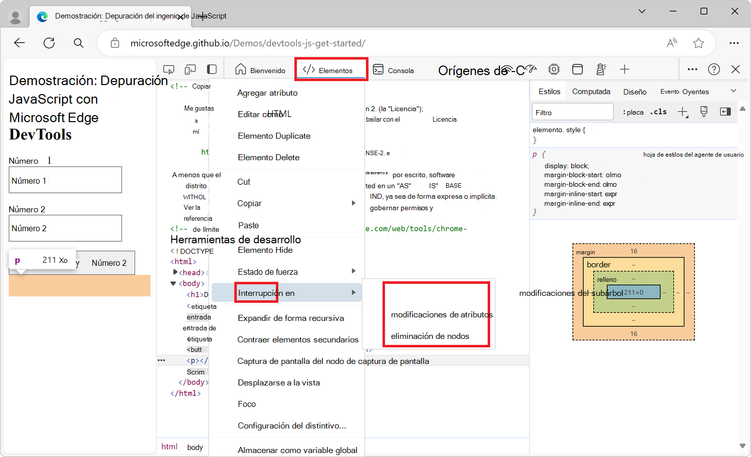 Menú contextual para crear un punto de interrupción de cambio dom