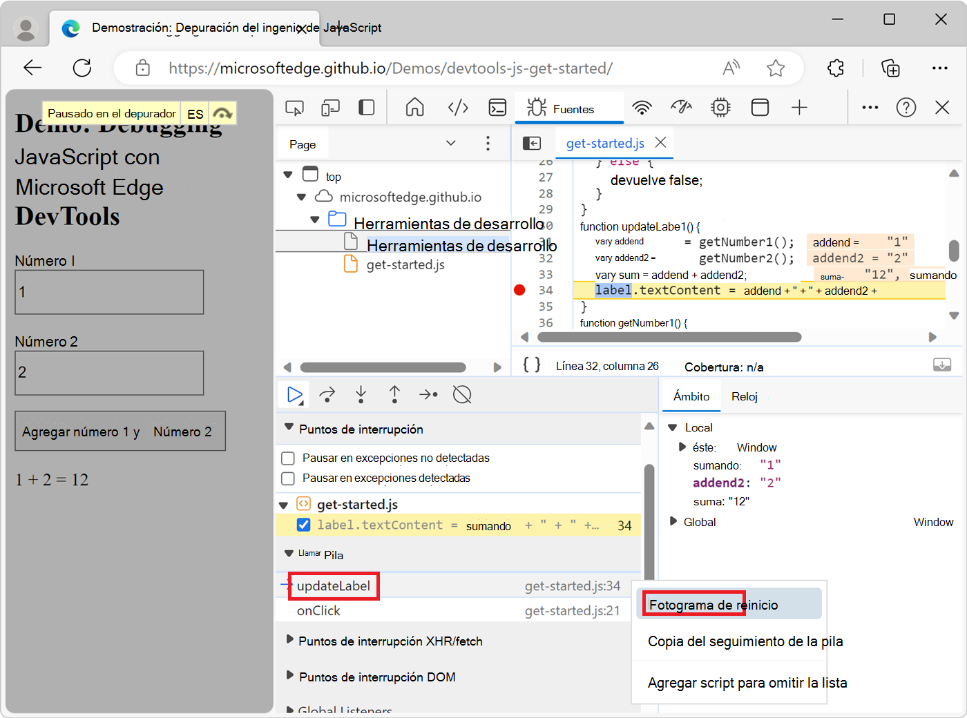 Selección del marco reiniciar