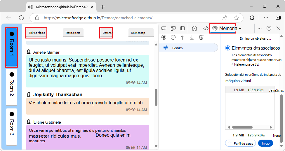 Generación de algunos mensajes en la página web de demostración