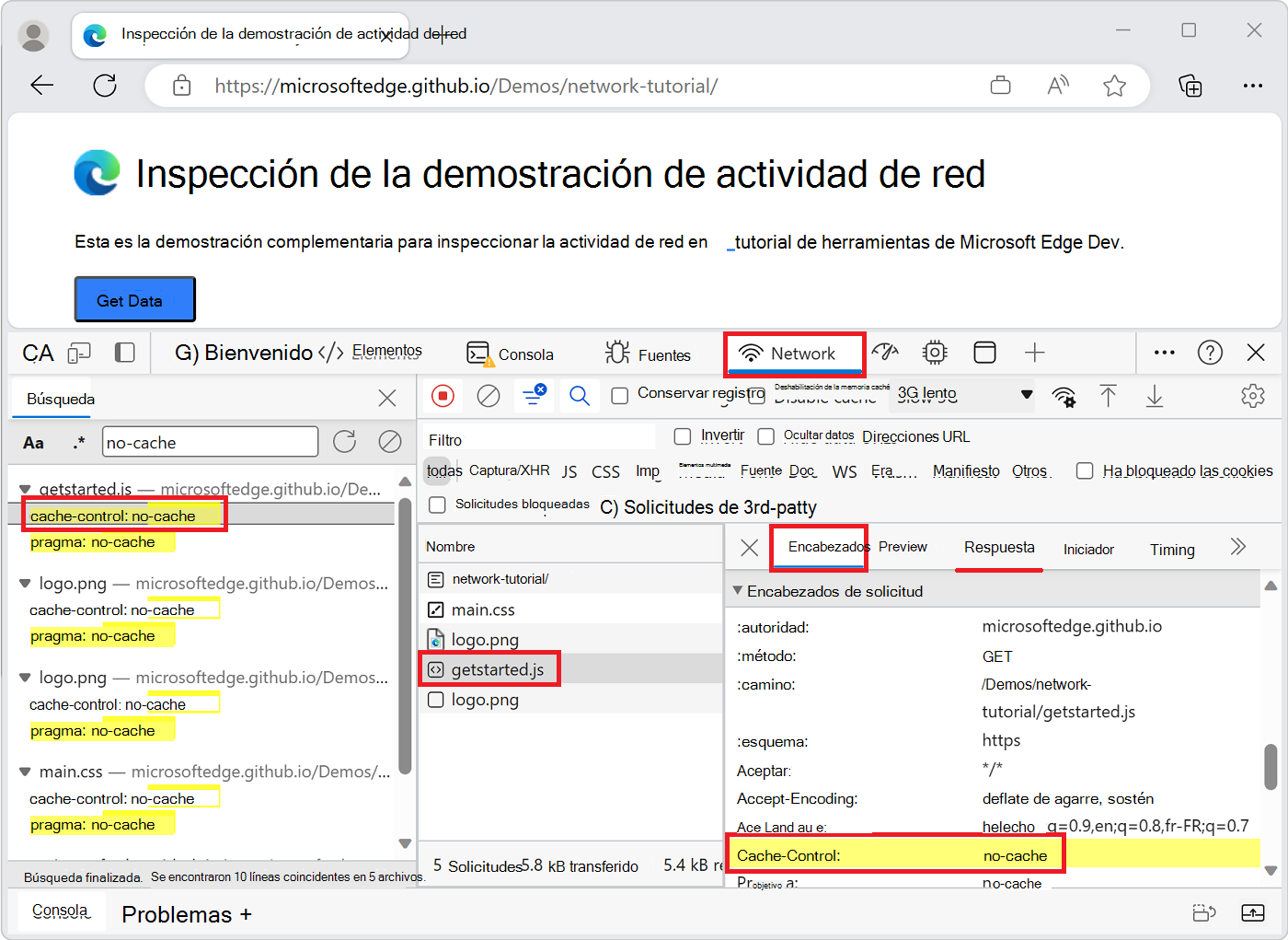 Resultado de búsqueda resaltado en el panel Encabezados