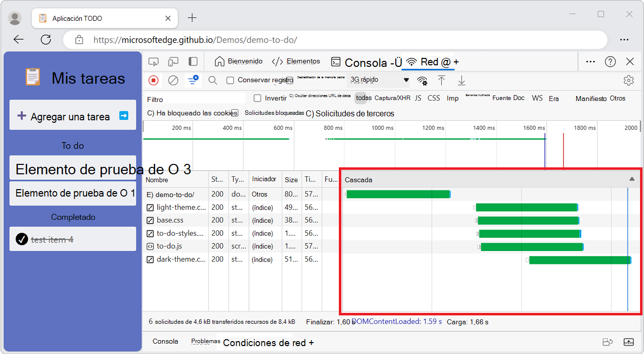 Columna Cascada del panel Solicitudes