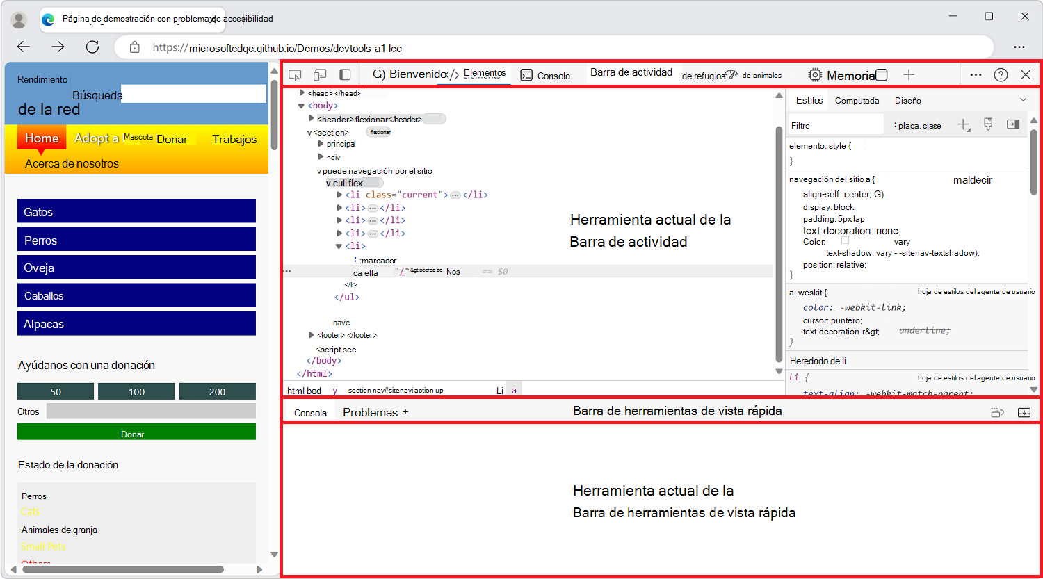 Microsoft Edge, con DevTools abierto en el lateral, con las 4 áreas principales de la interfaz de usuario resaltadas