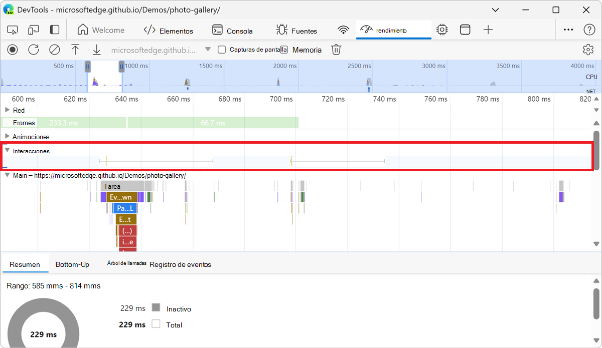 La sección Interacciones