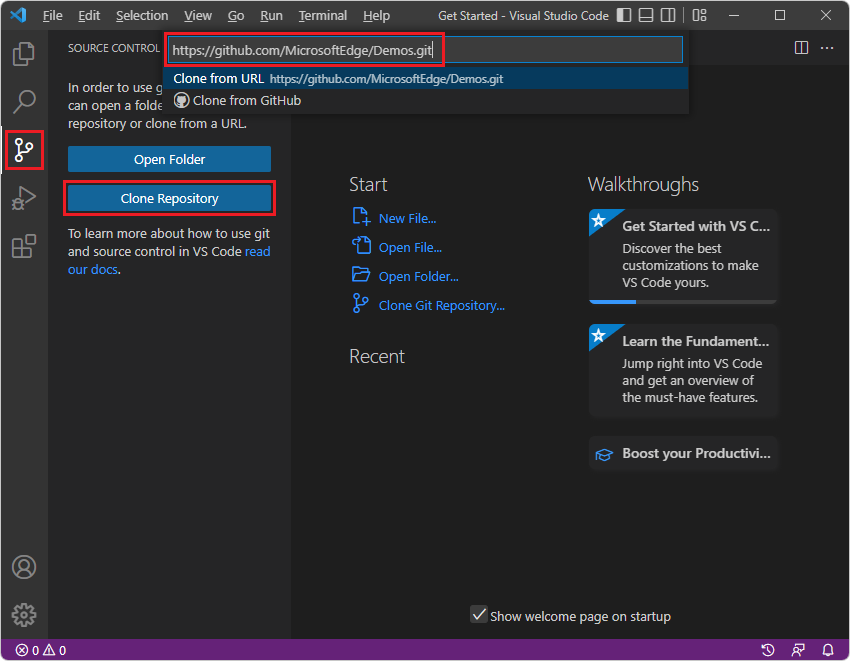 Botón Clonar repositorio en Visual Studio Code