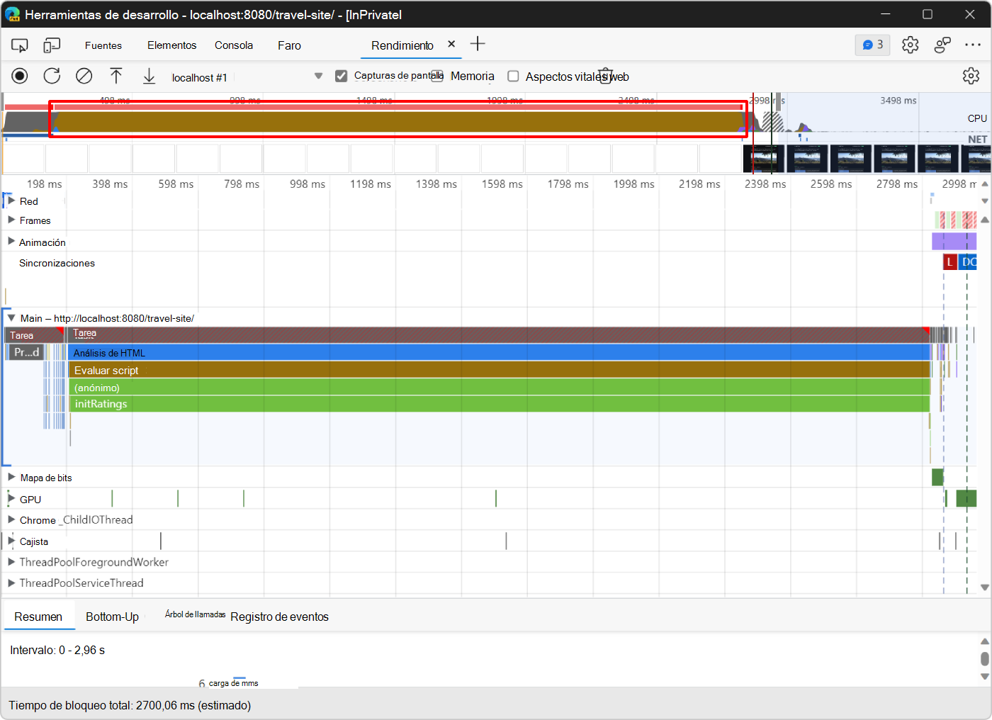 Una actividad de scripting larga en el gráfico de CPU