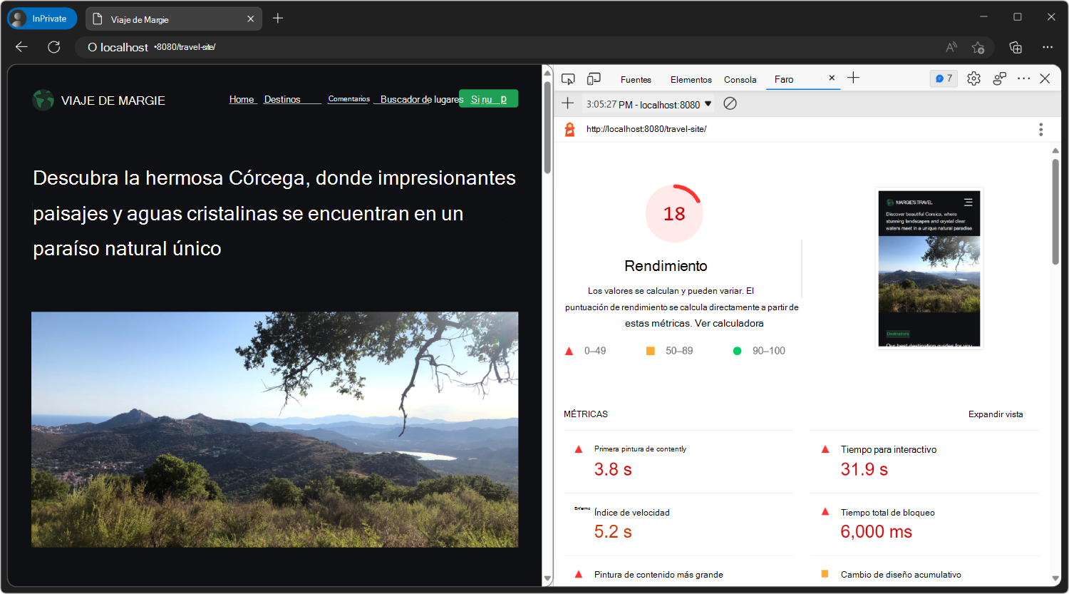 Informe de la herramienta Lighthouse sobre el rendimiento del sitio en una ventana de InPrivate