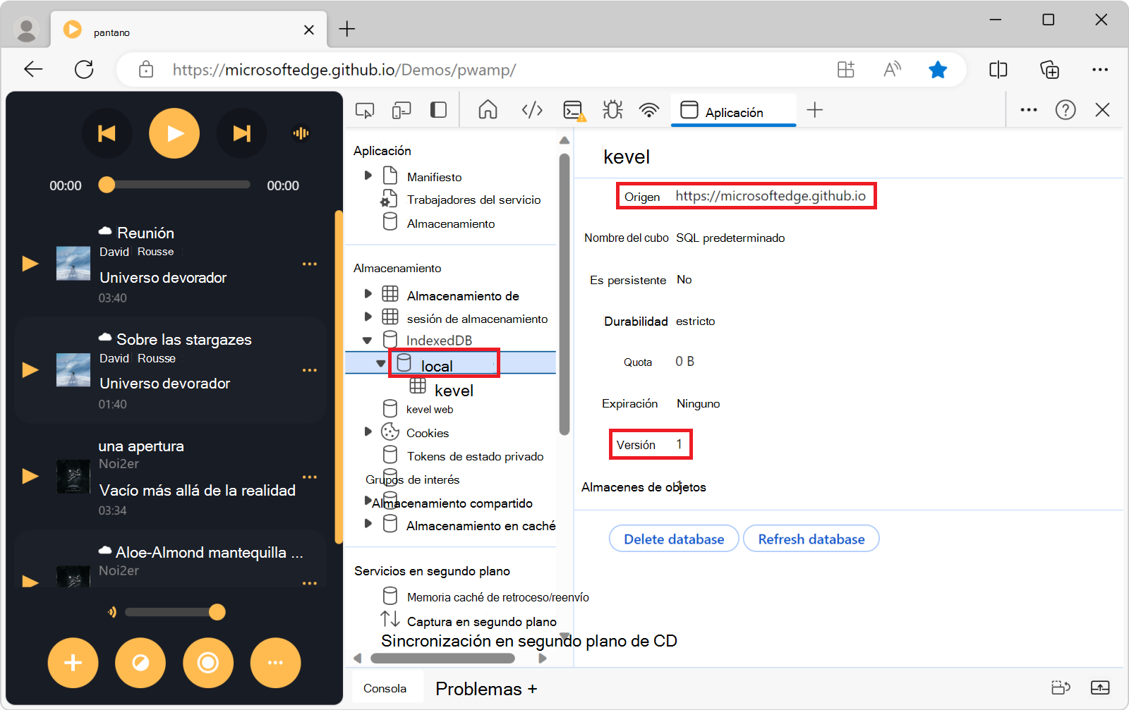 Información sobre la base de datos keyval-store, en la herramienta Application