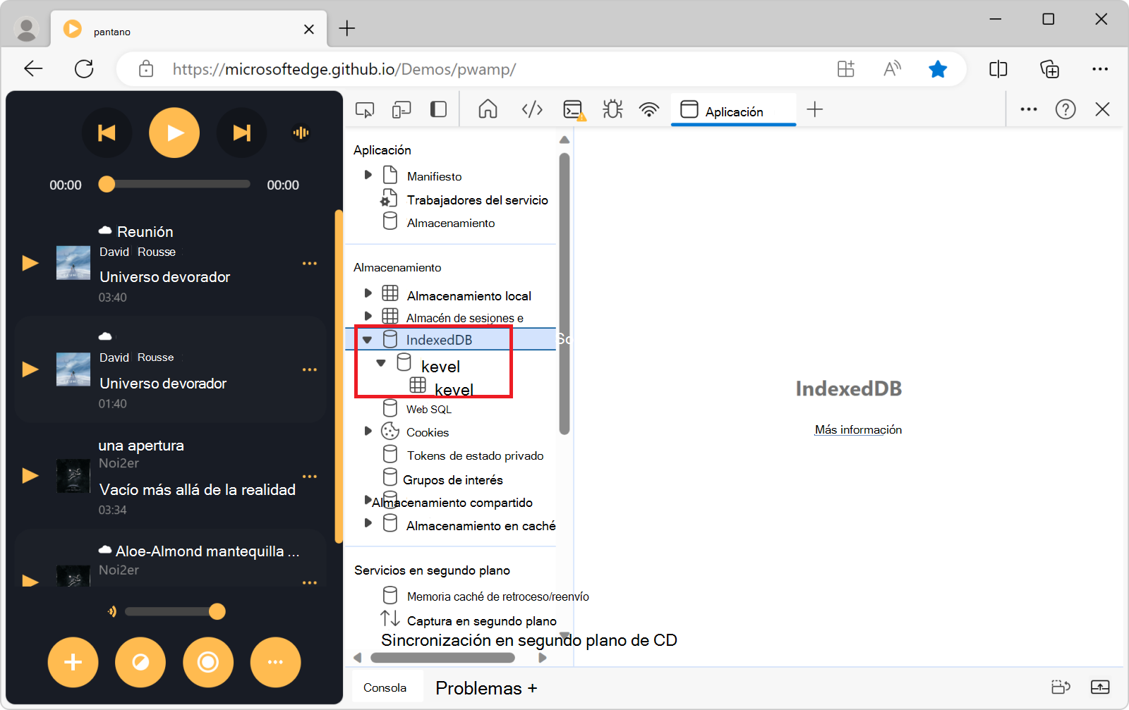 Menú IndexedDB