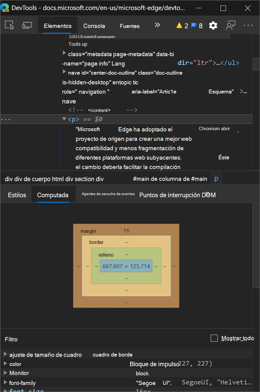 El panel Calculado se muestra de forma coherente como un panel independiente, incluso cuando DevTools es estrecho