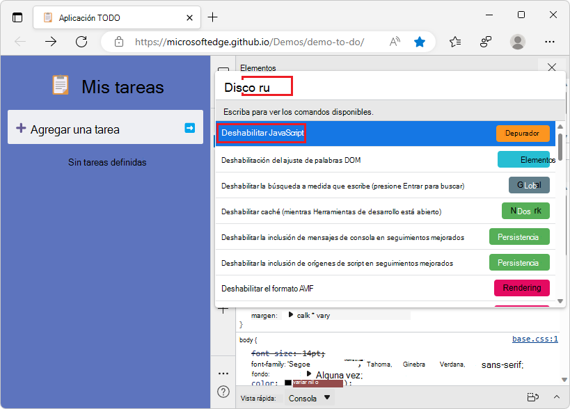 Uso del menú Comando para seleccionar Deshabilitar JavaScript