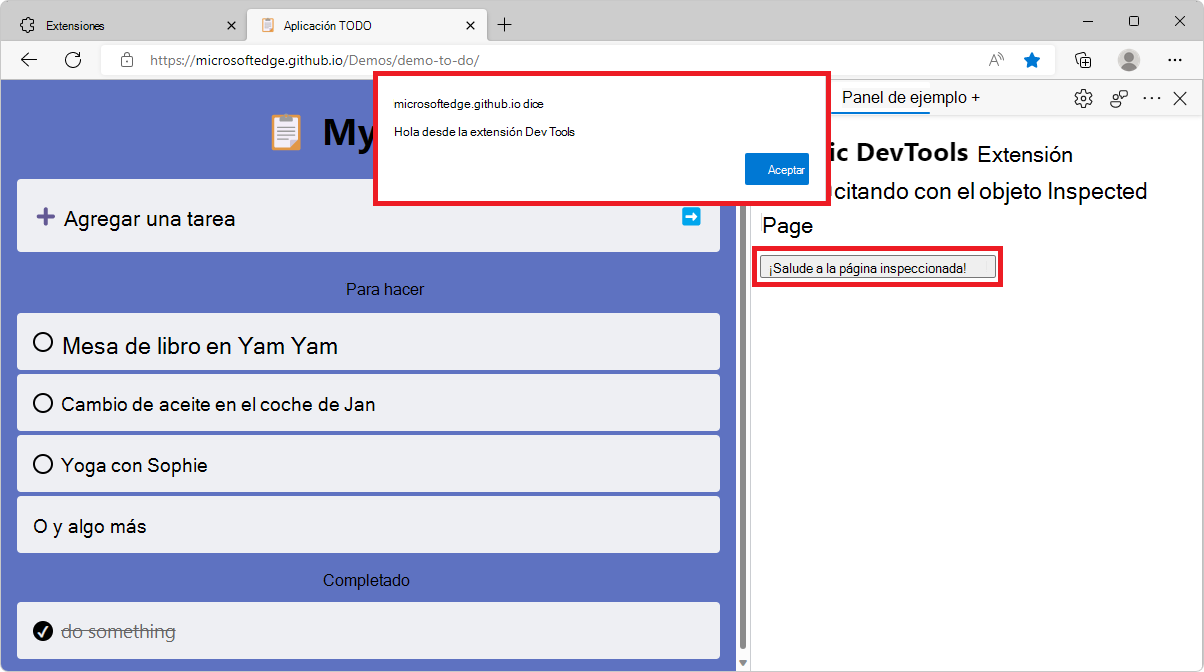 Microsoft Edge, que muestra el nuevo panel de extensión en DevTools en el lateral, y una ventana de diálogo de alerta