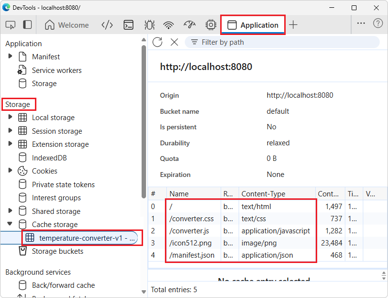 Aplicación instalada: Herramienta > de aplicación DevTools > Almacenamiento en caché, que muestra los recursos almacenados en caché