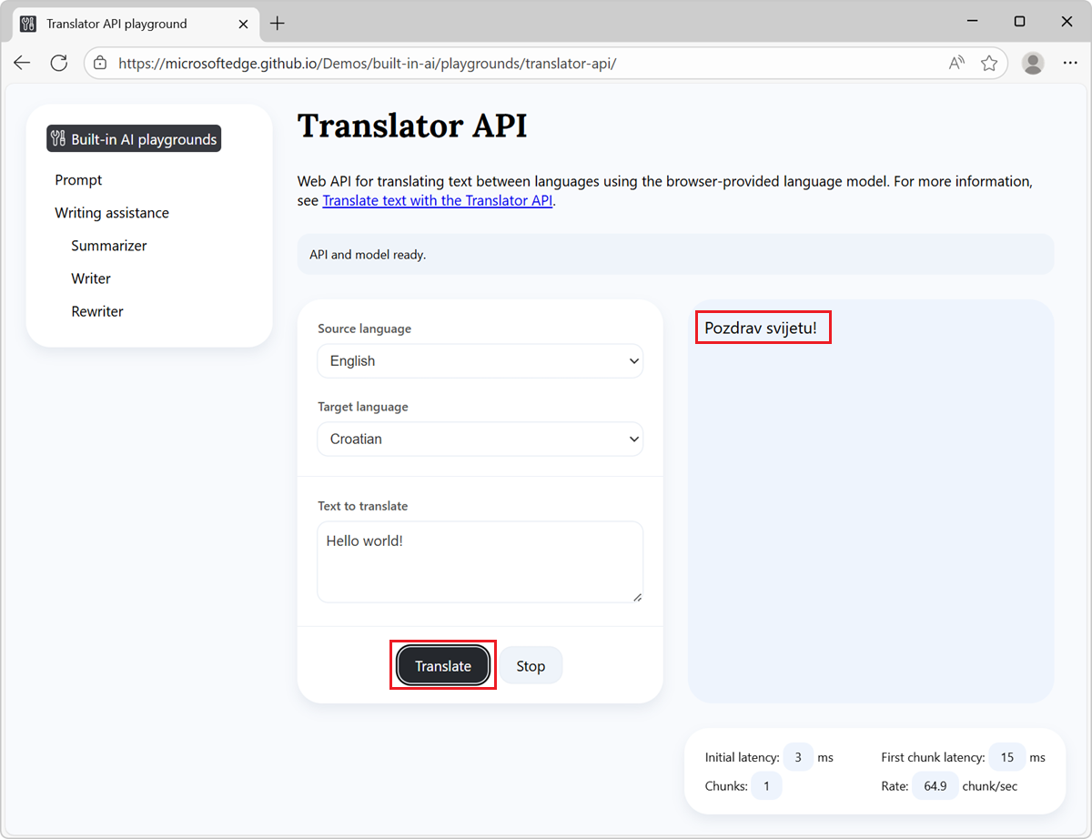 Página de demostración de Translator con la configuración y un botón Traducir