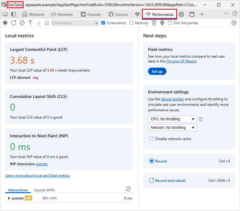 Herramienta de rendimiento en Edge DevTools