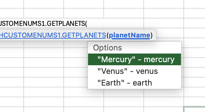 Los miembros de una enumeración personalizada que se muestran en el menú Autocompletar de Excel.