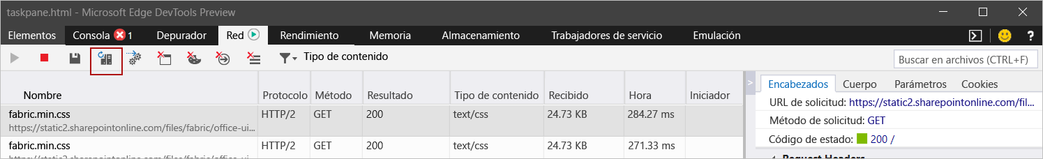 Microsoft Edge DevTools con el botón Actualizar siempre desde el servidor resaltado.