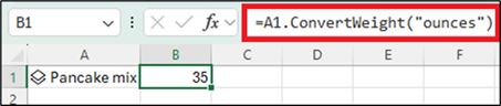 Fórmula de Excel que muestra =A1. ConvertWeight(onzas).