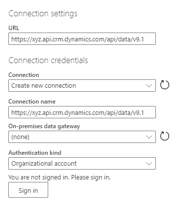 Captura de pantalla del cuadro de diálogo configuración de conexión de OData con campos para url, conexión y autenticación.