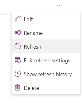 Captura de pantalla del menú contextual de flujos de datos con la opción de actualización para ejecutar manualmente un flujo de datos.