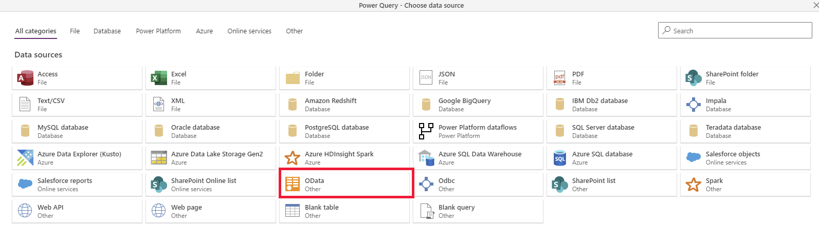 Captura de pantalla de la página de selección del origen de datos con el conector de OData resaltado.