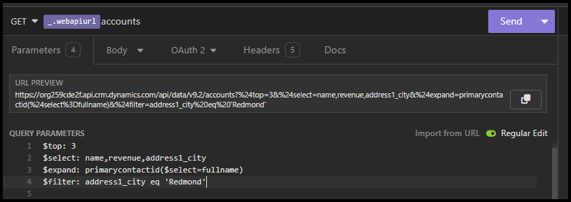 Captura de pantalla de Insomnio que muestra una consulta configurada que recupera registros de cuenta de Dataverse.