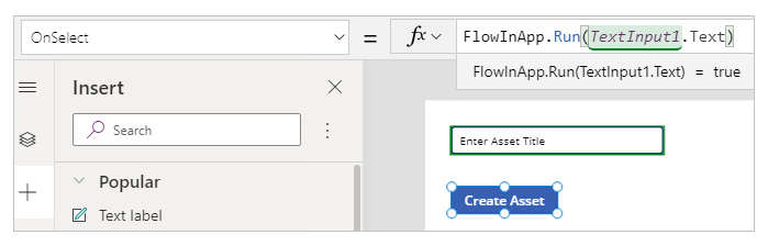 Captura de pantalla que muestra la fórmula de la propiedad OnSelect para un botón en el lienzo