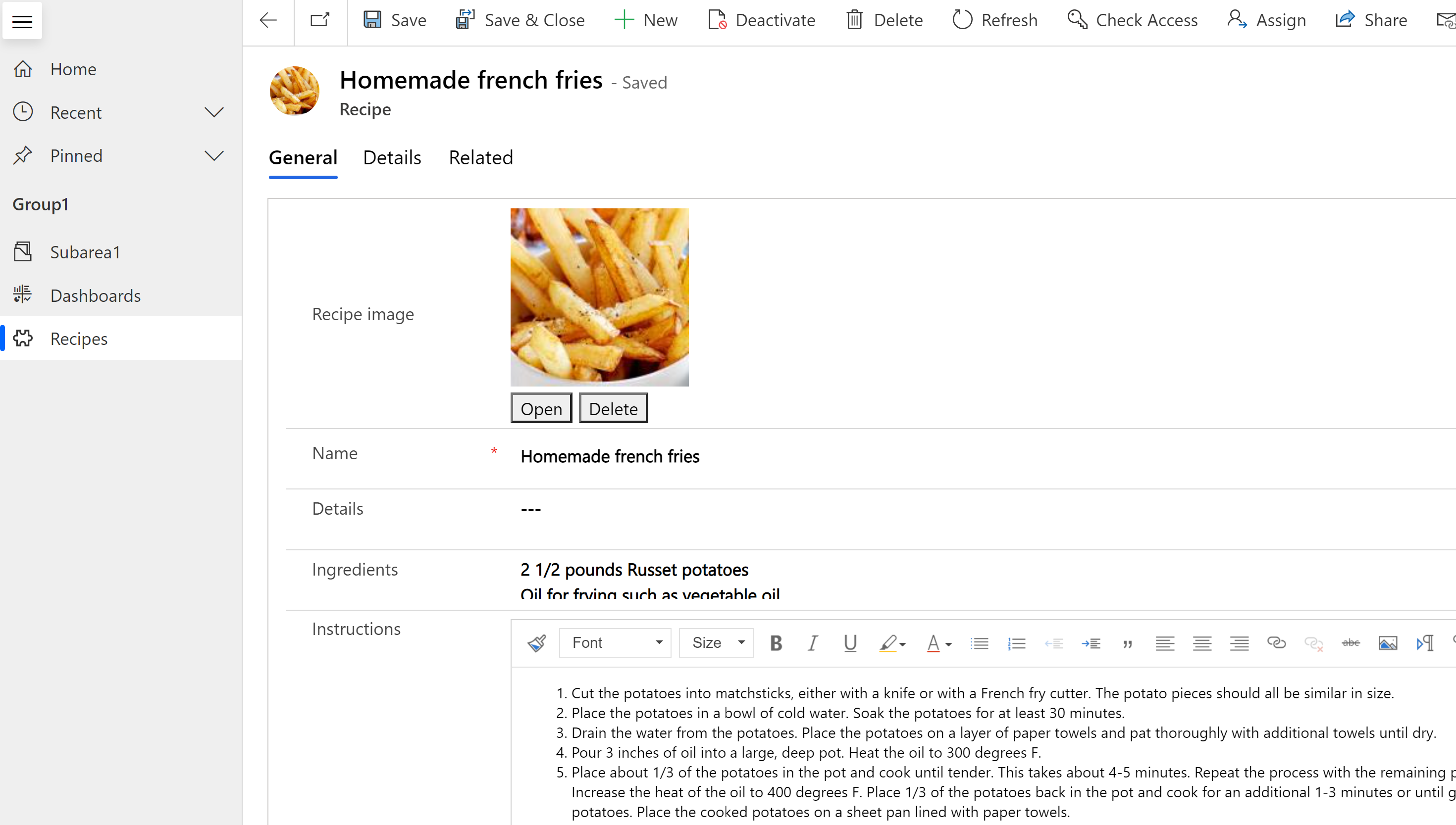 Formulario en tiempo de ejecución con la imagen principal de patatas fritas mostrada en un registro de la base de datos de recetas