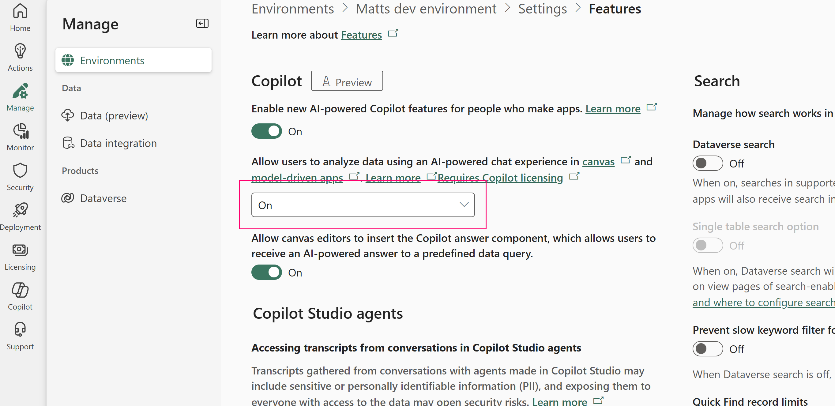 Screenshot que muestra cómo activar Copilot en un entorno.