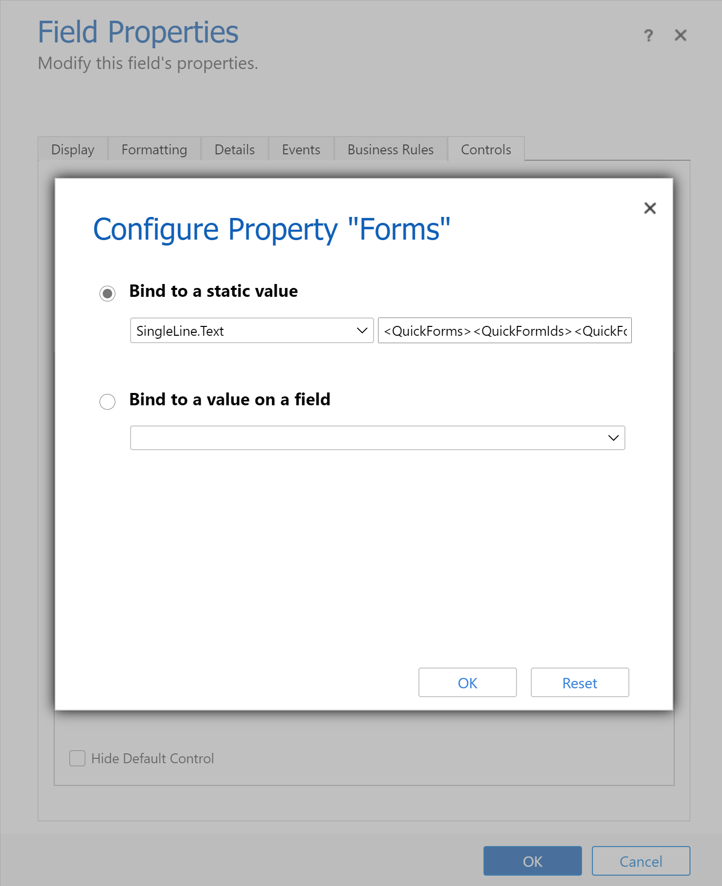 Configura el control del componente de formulario.