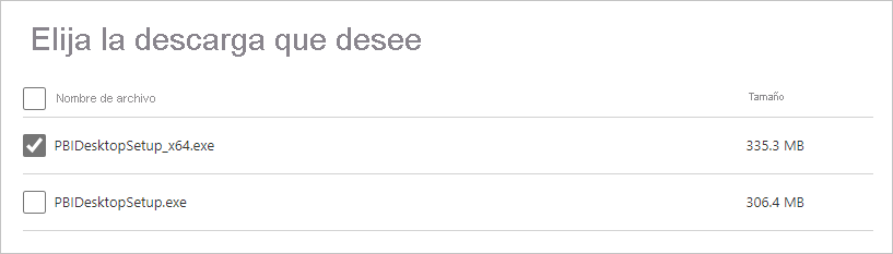 Captura de pantalla que muestra cómo elegir la versión de bits de la descarga de Power BI Desktop.