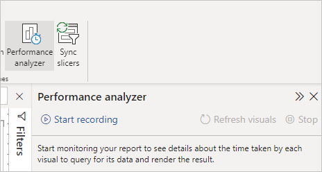 Captura de pantalla del panel Analizador de rendimiento en Power BI Desktop.