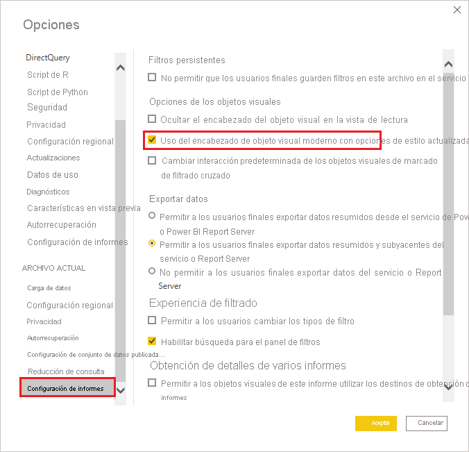 Captura de pantalla del menú Opciones, en la que se resalta la configuración del informe y la casilla Usar el encabezado visual moderno con las opciones de estilo actualizadas.