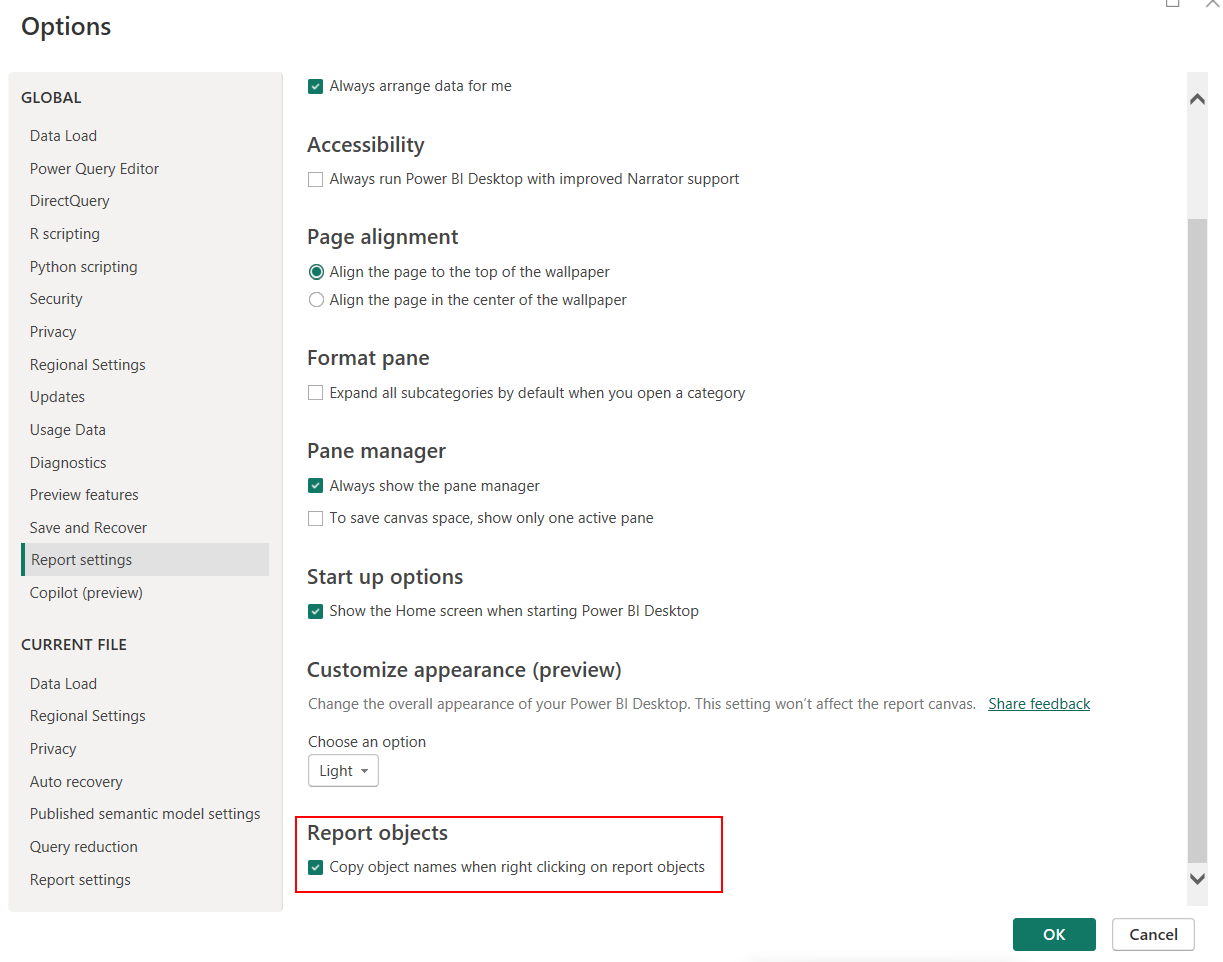 Captura de pantalla de la configuración del informe de objetos de informe.