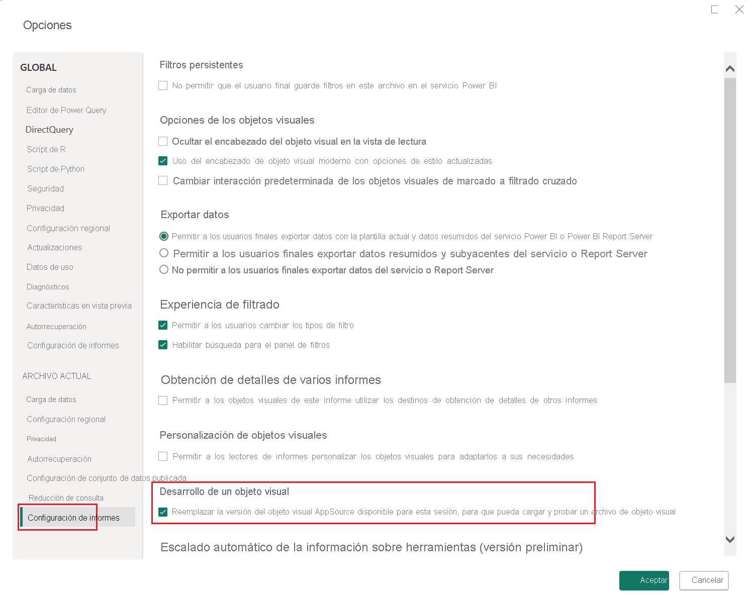 Captura de pantalla que muestra la opción Modo de desarrollador habilitada en Power&nbsp;BI Desktop.