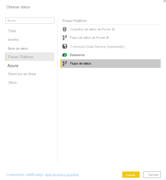 Captura de pantalla de la ventana Obtener datos, Power&nbsp;Platform está seleccionado en el panel de navegación y los flujos de datos se resaltan en el panel principal.