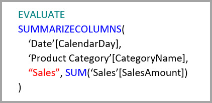 Captura de pantalla que muestra el texto de una consulta que incluye CalendarDay.