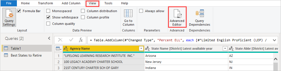 Captura de pantalla del Editor de Power Query que resalta el botón Editor avanzado de la pestaña Ver.