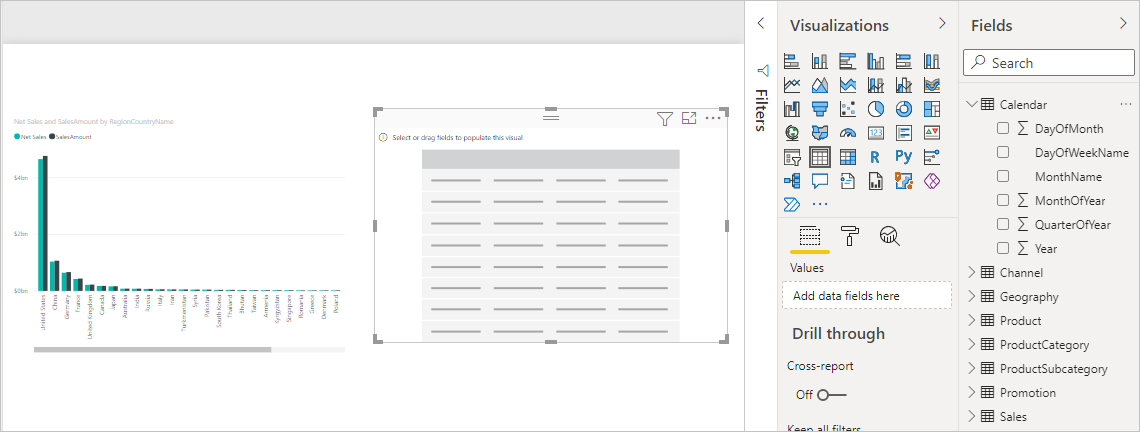 Captura de pantalla de una visualización de nueva tabla en blanco.
