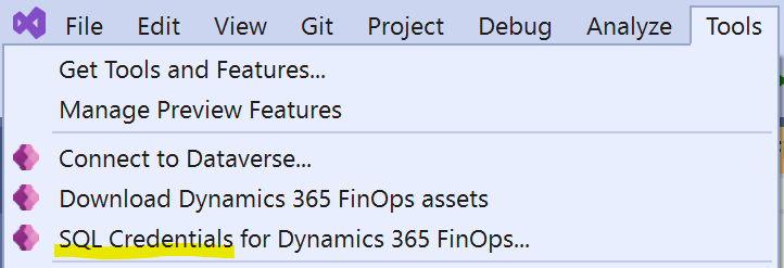 Visual Studio> Herramientas>Credenciales de SQL para Dynamics 365 FinOps...