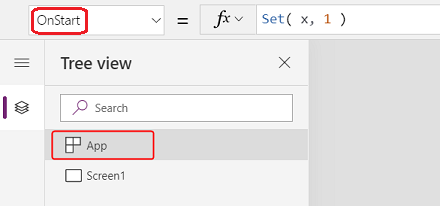 Captura de pantalla del objeto App seleccionado en el panel Vista de árbol. El panel de propiedades está visible.