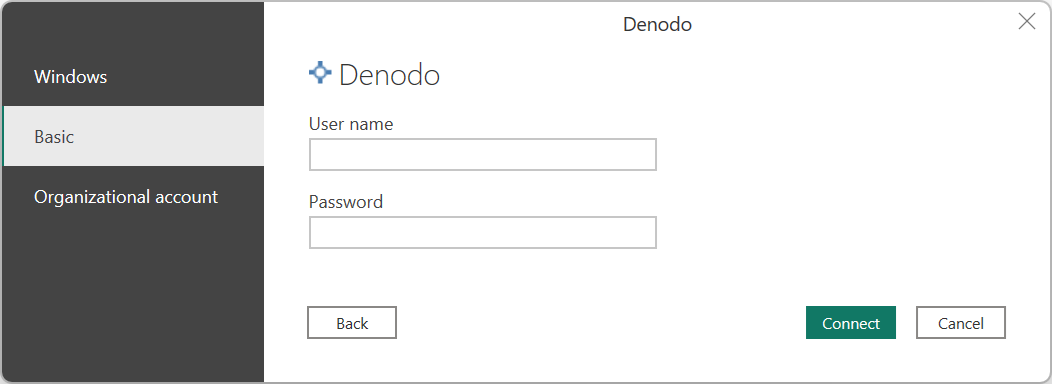 Captura de pantalla de la autenticación básica de Denodo en Power BI Desktop.