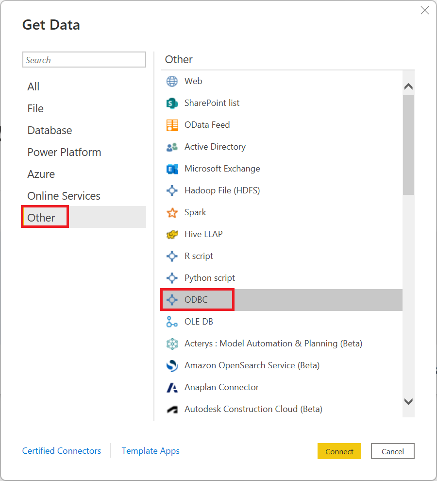 Captura de pantalla del cuadro de diálogo Obtener datos de Power Query Desktop, en la que se muestra la selección de O D B C.