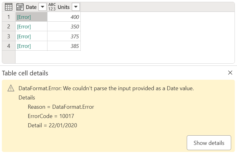 Captura de pantalla del error de conversión del tipo de datos.