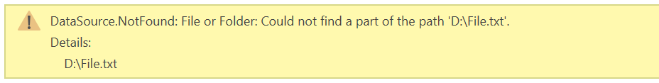 Captura de pantalla de un error de origen de datos que no pudo encontrar el archivo porque no hay ninguna unidad D en el entorno actual.