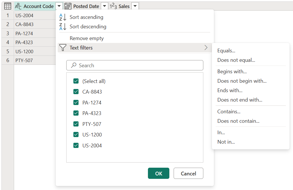Captura de pantalla de los elementos de menú que contienen comandos y filtros específicos de las columnas que contienen el tipo de datos Text.
