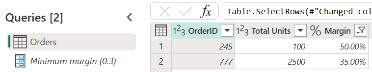Captura de pantalla de la consulta y la tabla modificada después de actualizar el valor del parámetro.