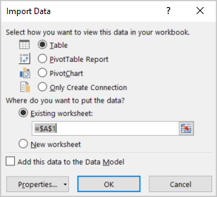 En el cuadro de diálogo Importar datos, Aceptar está seleccionado.