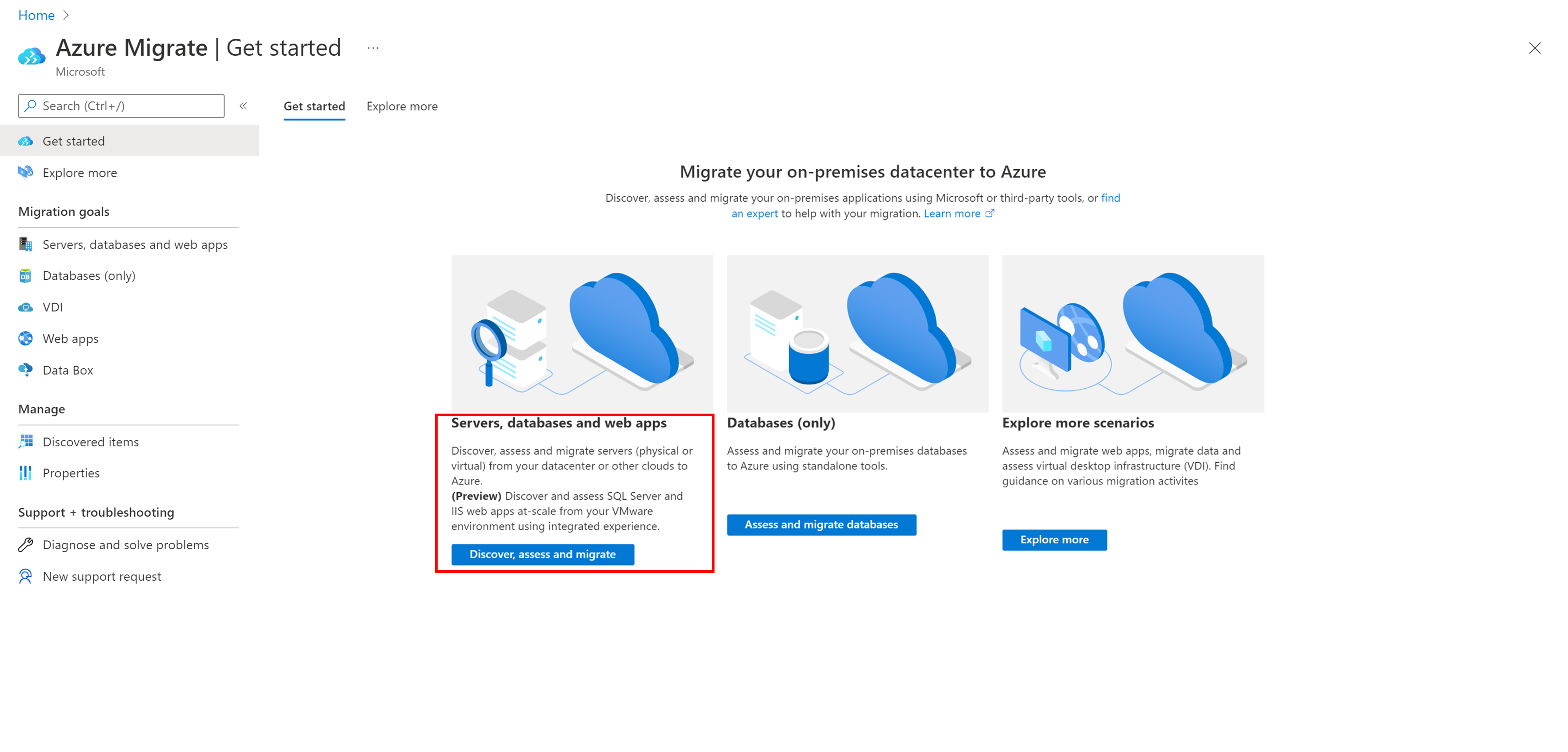 Captura de pantalla de la página Información general de Azure Migrate.