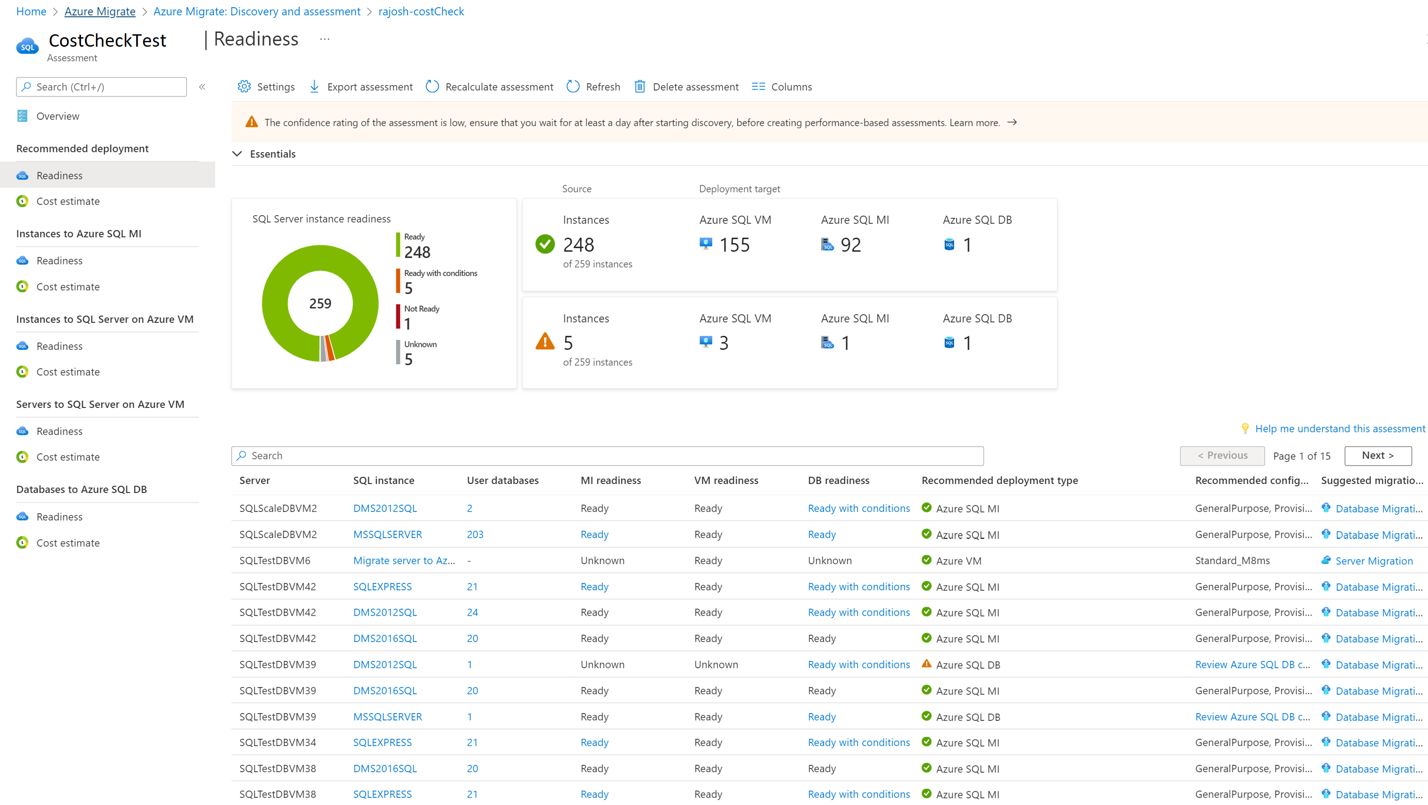 Captura de pantalla con detalles de la preparación de Azure SQL
